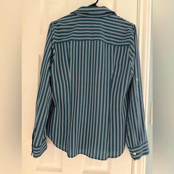Michael Kors zip Front Green White Nautical Stripe Blouse Small M Gold Buttons - Picture 5 of 6